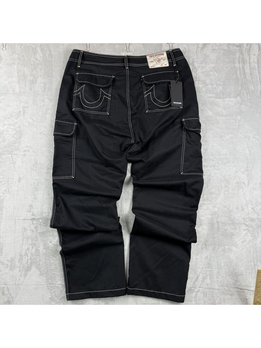 True Religion Baggy Cargo Pant Men36 Jet Black White Contrast Stitch Utility NWT